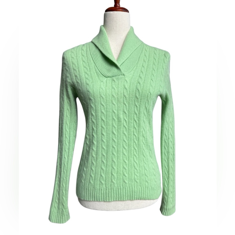 Lauren Ralph Lauren Long Sleeve Collared Cable Knit Cashmere Sweater Green Sz M